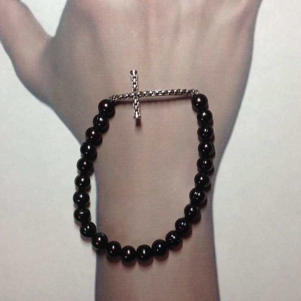 Honora Sterling Silver Cross Bar with Black Freshwater Pearl Stretch Bracelet.